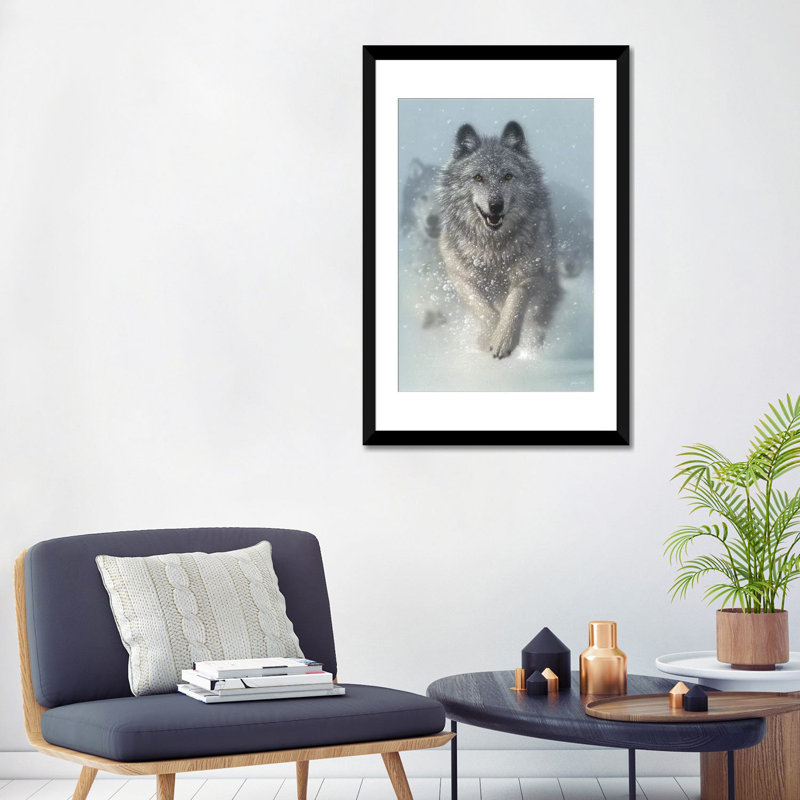 Chasse-neige - loups qui courent, vertical, H 32 po x l 24 po x P 1 po, Papier d'art encadré noir
