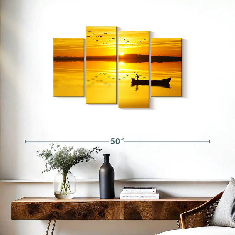 Silhouette de bateau de pêche Senne au lever du soleil, H 22 po x l 36 po