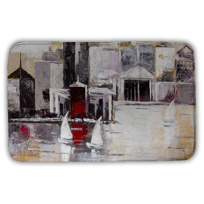 Three sailboats near the city Bath Mat with Non-Slip Backing - Quick Dry Memory Foam Bathroom Rug - Absorbent - Modern Plush Spa-Style - Machine Washable
