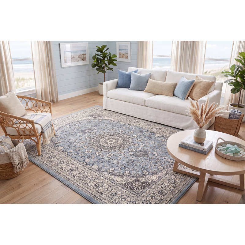 Tapis bleu acier / crème Attell, Rectangle 6 pi 7 po x 9 pi 6 po