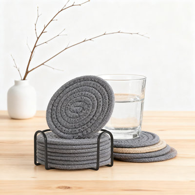 8-Pack Cotton Woven Drink Coasters With Holder, Super Absorbent Coasters For Furniture Protection, Minimalist Home Decor Coaster Set For Tabletop And Counter