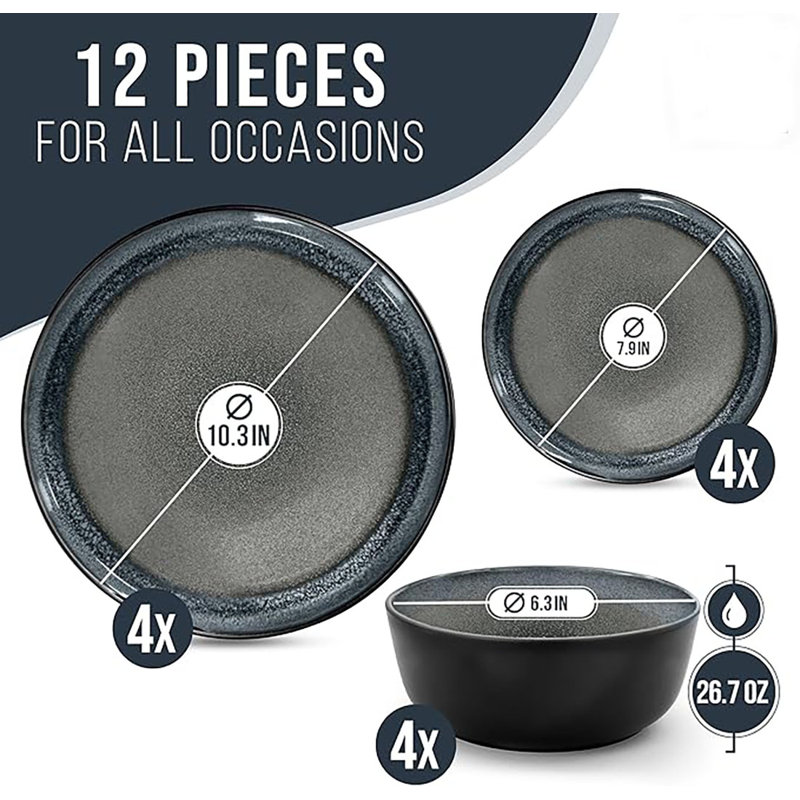 Beige and Light Blue Ceramic 12-Piece Dinnerware Set for 4
