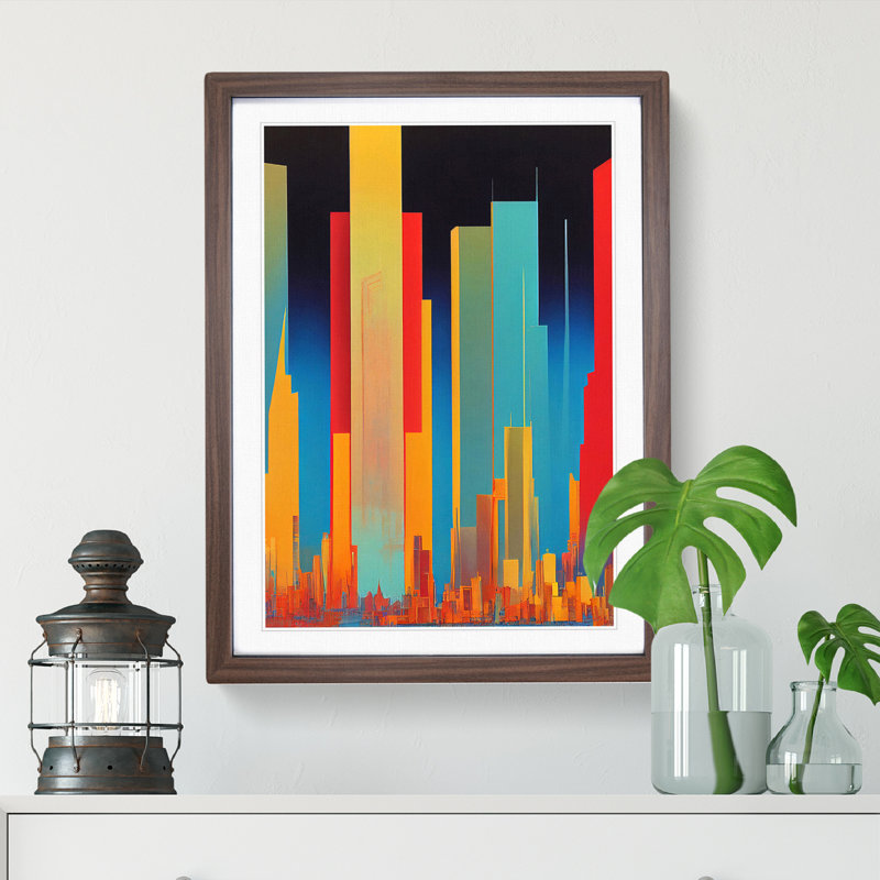 Animated City Skyline Abstract - Wall Art, 46cm H x 34cm W, Walnut Framed