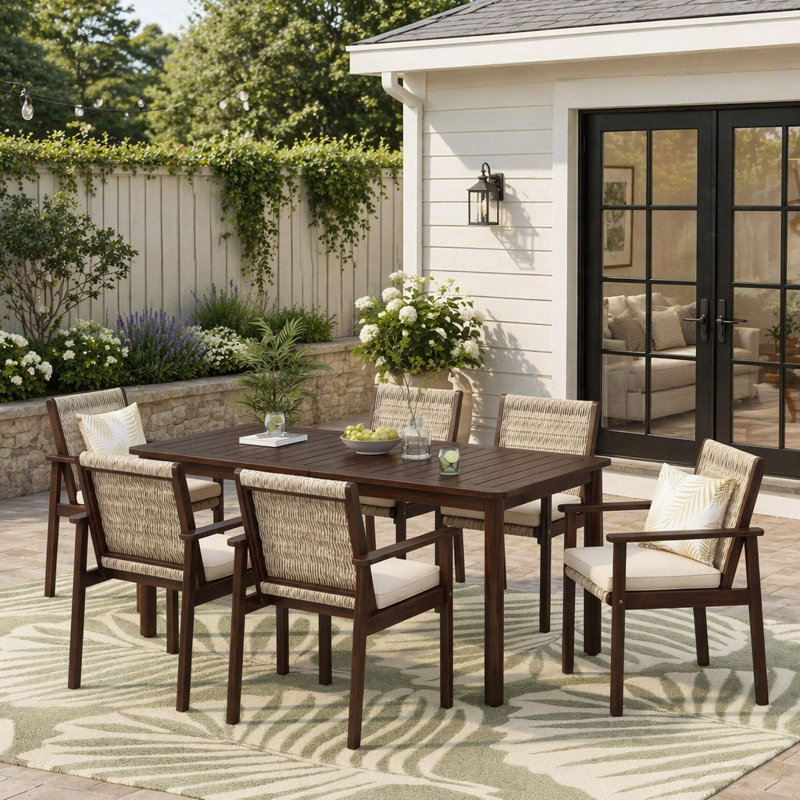 7 Piece Outdoor Acacia Wood Dining Set with Cushions, Perfect for Coastal and Boho Decor, Weather-Resistant and Durable