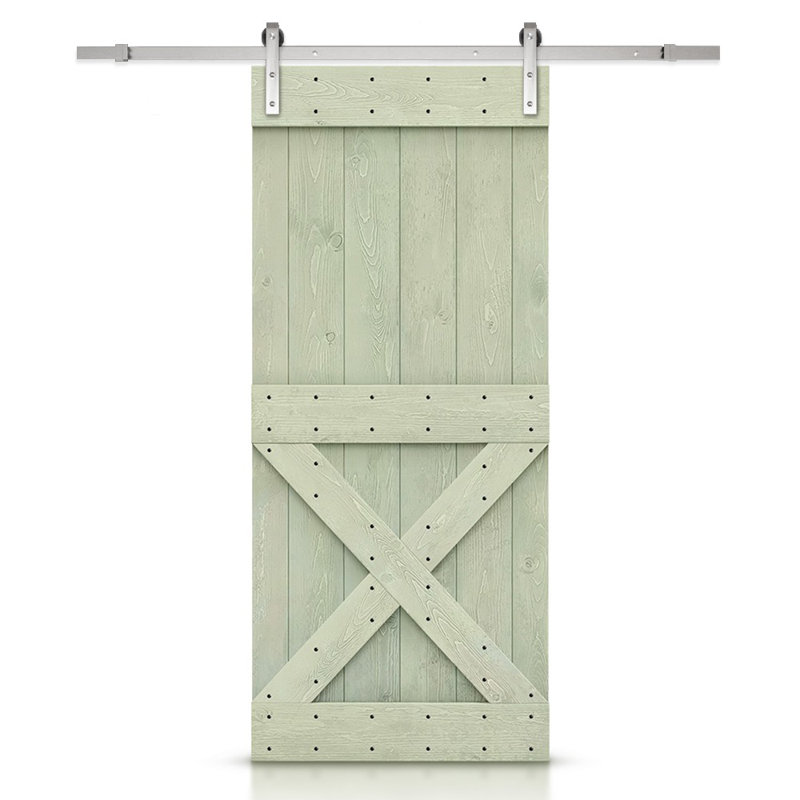 Porte de grange peinte à panneaux en bois et métal avec ensemble de quincaillerie d’installation, Vert sauge