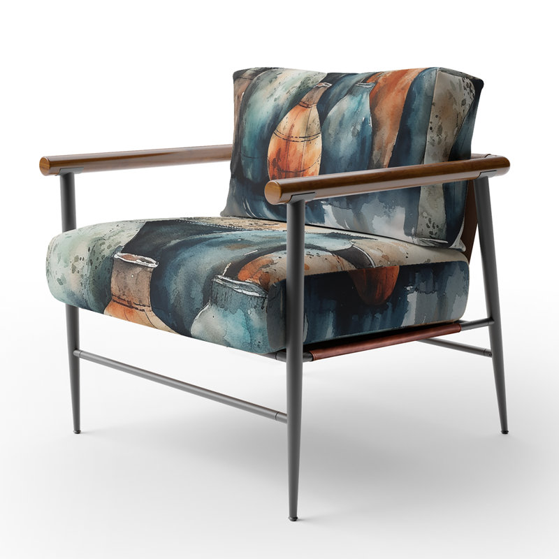 Fauteuil d'appoint rembourré géométrique bleu et orange Boho Pottery II, Noir