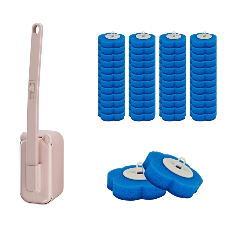Disposable Toilet Wand Brush Starter Kit, Wall Mounted Holder, 48 Refills, (Pink)