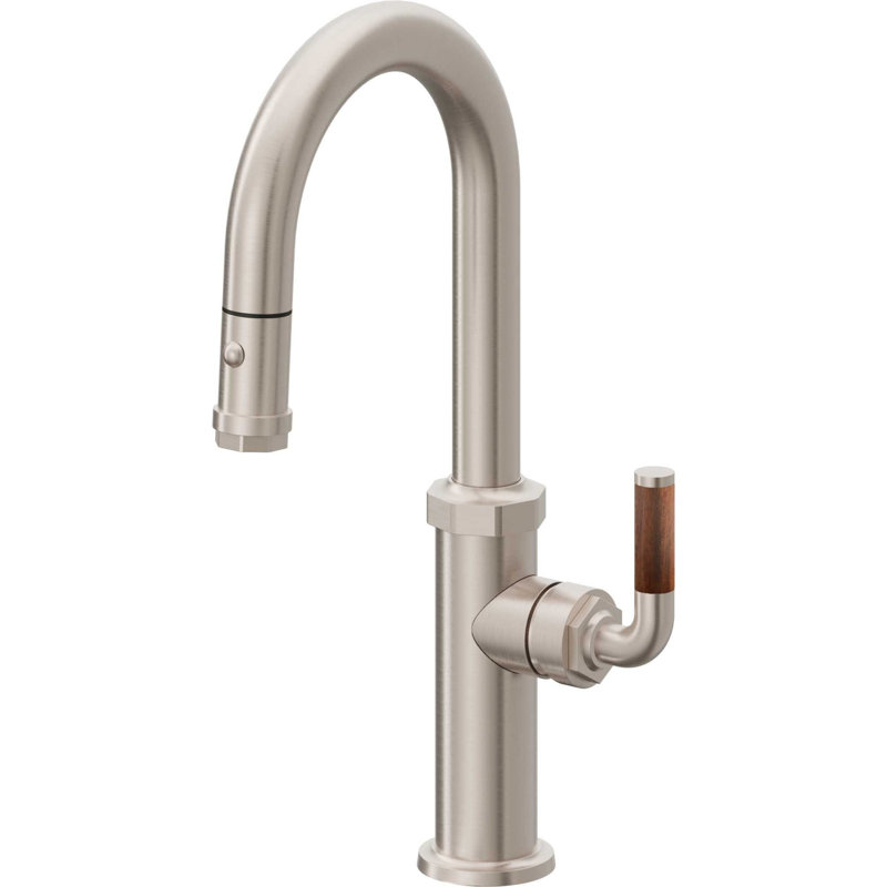 Pull-Down Prep/Bar Faucet With Button Sprayer, Polished Brass