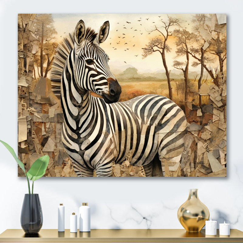 Collage zébré rétro II - art mural grand zèbre, H 24 po x l 32 po x P 1 po