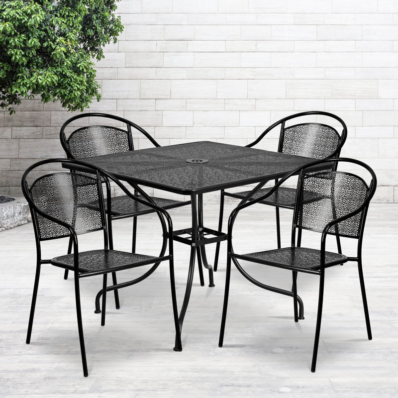 Chanea 35.5" Square Commercial Grade Steel Patio Table with 4 Round Back Chairs by Flash Furniture, Black