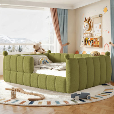 Kids Soft Upholstered Floor Bed, Montessori Floor Bed With Full Surround Safety Rails, Low To Ground Child Bed Frame For Boys Girls