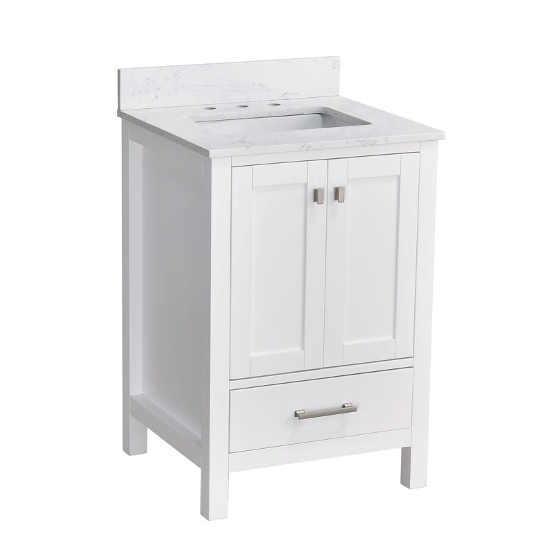 Meuble-lavabo simple 24 po avec plateau en marbre d'ingénierie, Blanc