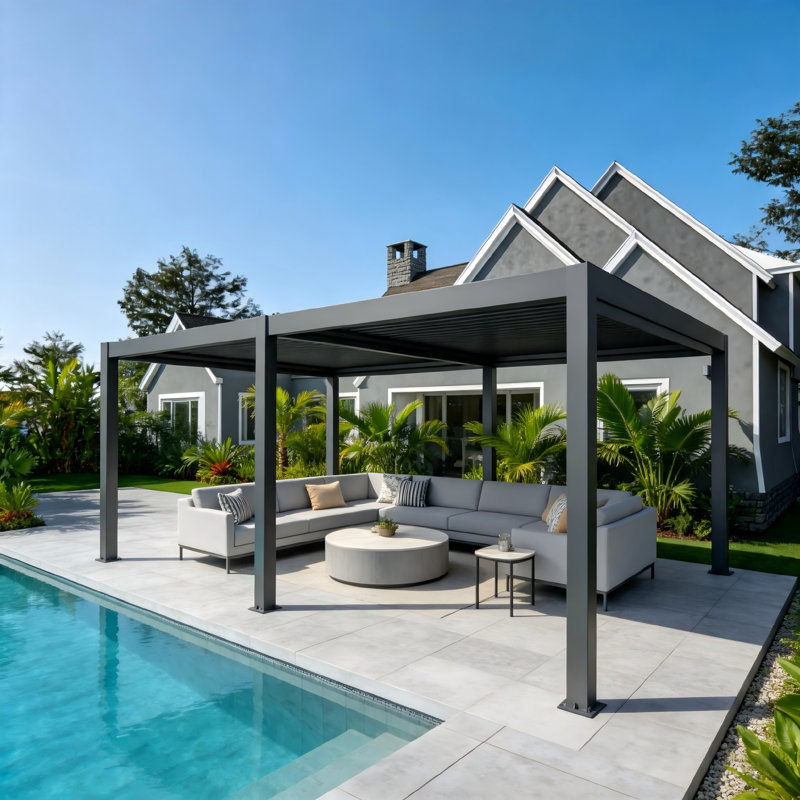 Volet à lames motorisé pour pergola extérieure, lames double couche pour une protection optimale contre le soleil et la pluie, télécommande complète et éclairage DEL intégré.
