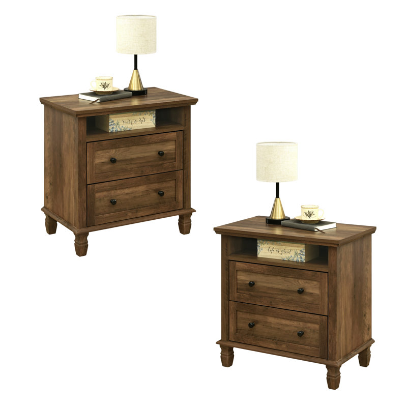 Hooga Set Of 2 Wood Nightstand, Bedside Tables With Storage Drawers, Compact Wood Night Stands For Bedroom, End Table Or Side Table For Living Room, 15.5" D X 25.6" W X 26.8" H, Brown