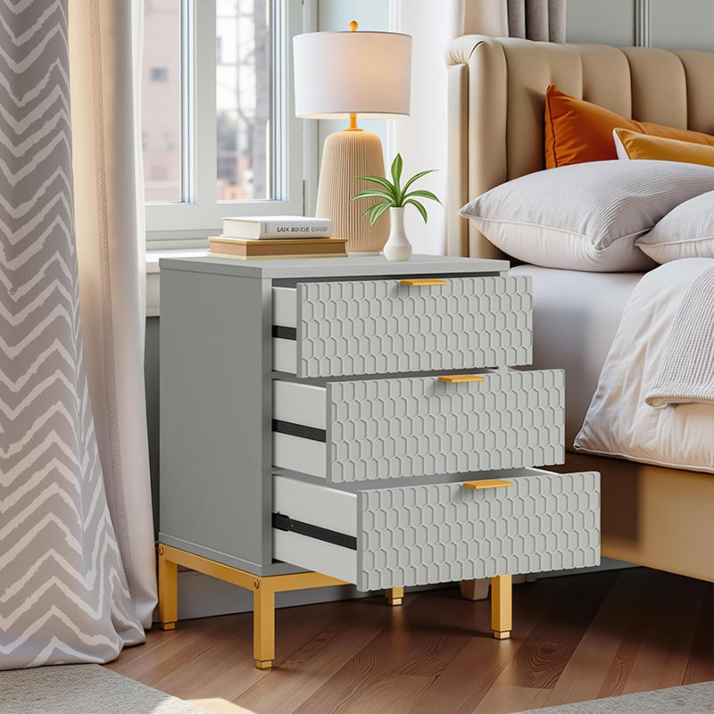 25.8" Tall Nightstand With 3 Drawers,Modern Beside Table With Metal Handles And Metal Legs,Honeycomb Hexagon Pattern Decorate Side Table For Bedroom