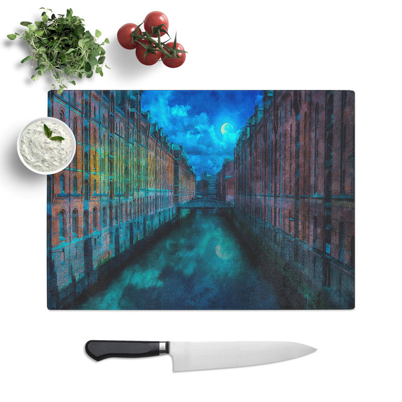 Tempered Glass Canal Through Hamburg Chopping Board, 28.5 cm x 39 cm