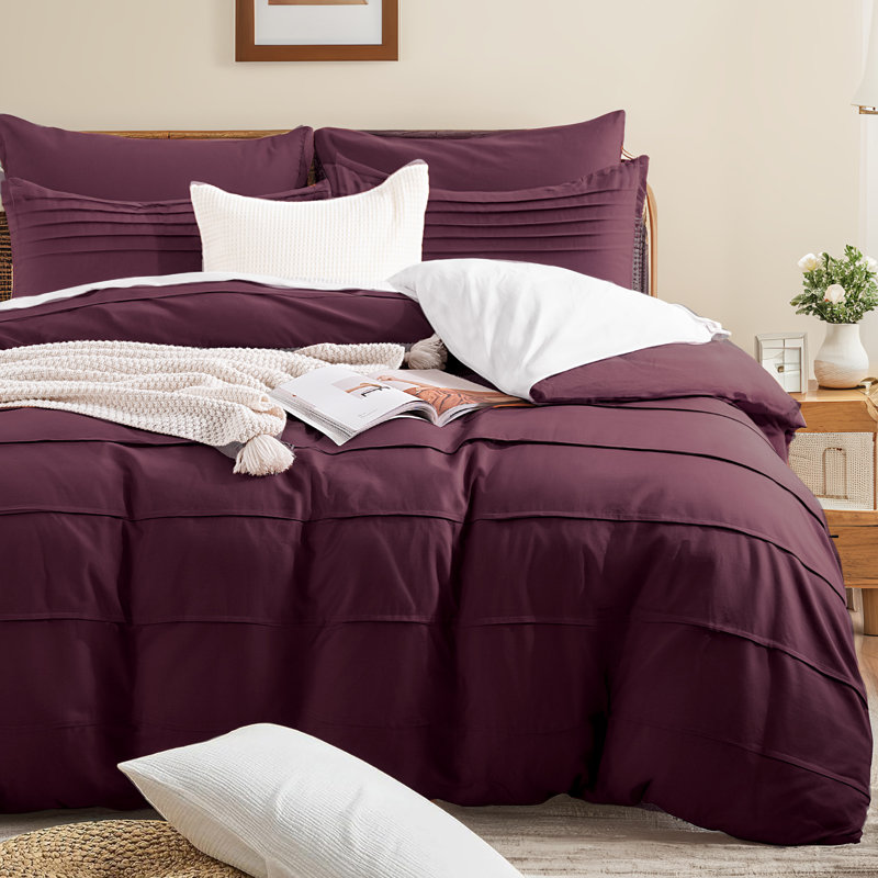 NEXHOME PRO 100% Organic Cotton Duvet Cover Queen Size, Linen Like Pleated Textured Burgundy Bedding Set, 3pc Bedding Set with Zipper Closure,Soft,Breathable,90"x90", No Comforter