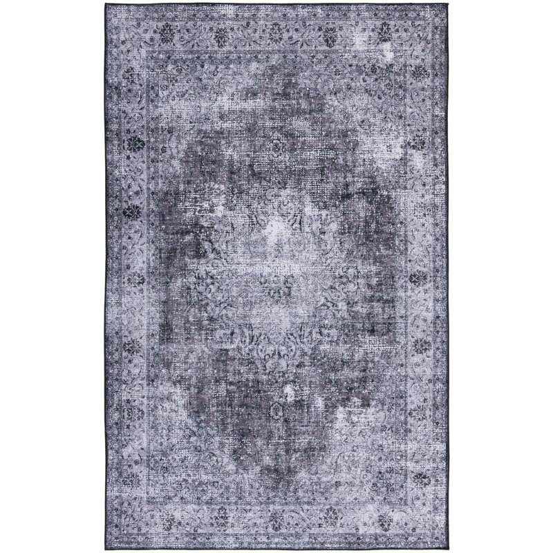 Tucson Vintage Look Machine Washable Non-Slip Area Rug in Black & Grey, Rectangle 183 x 274 cm