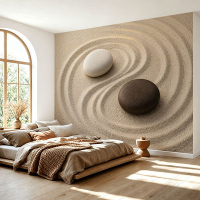 Wall Mural Peel and Stick Wallpaper Zen Sand Garden Yin Yang Stones Circular Raking Patterns Self-Adhesive Removable Contact Paper Wall Decor for Living Room Bedroom 69"H x 96"W