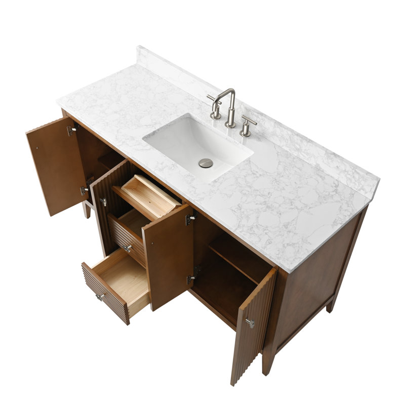 Meuble-lavabo simple 60 po avec plateau en marbre d'ingénierie 60 po, Noyer linéaire, Nickel brossé
