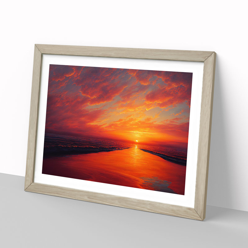 Refined Sunset Seascape - Single Picture Frame Painting, Oak Framed, 46cm H x 64cm W x 2cm D