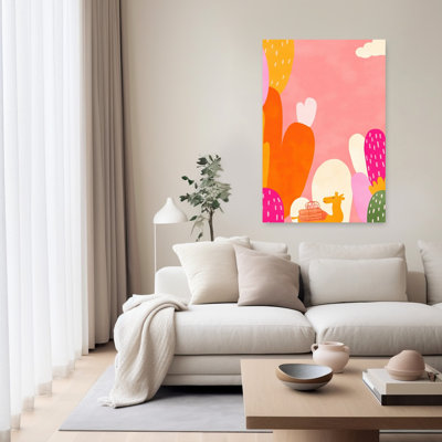 Whimsical Pink Desert Journey Colorful Playful Whimsical Cactus Landscape Nature Wall Art Print by Mathieu - Wrapped Canvas Print