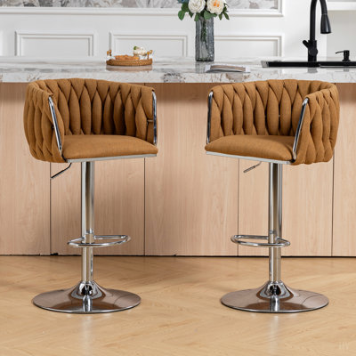 360° Fabric cover Swivel Bar Stools Set of 2, Adjustable Counter Height Bar Chairs with Woven Back & Footrest,Bar Stools for Kitchen Island, Cafe, Pub
