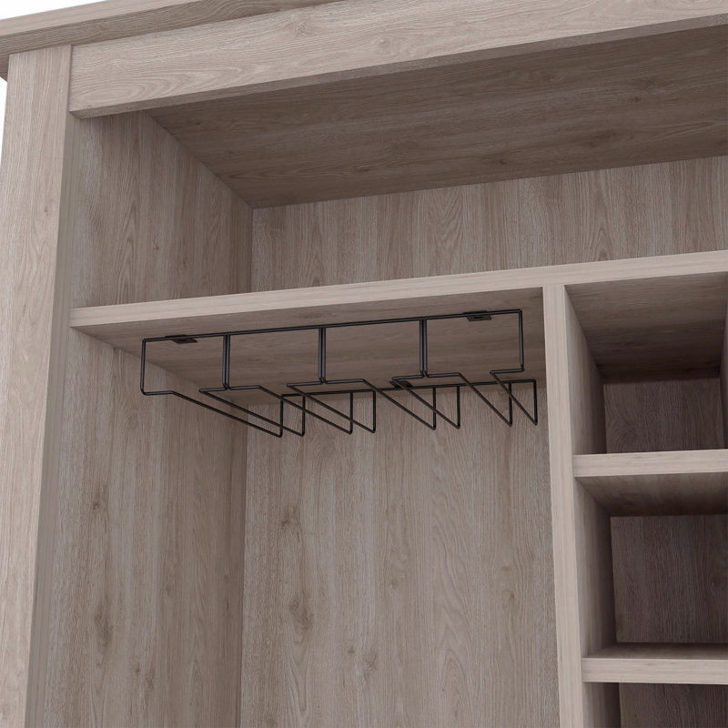 Armoire de bar Essential, une tablette ouverte, six supports à vin intégrés, un tiroir - gris clair