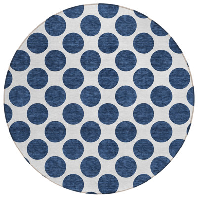 8' Navy Blue And Ivory Round Polka Dot Washable Indoor Outdoor Area Rug
