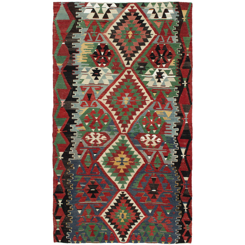 Tapis rouge/vert/noir/blanc de laine 5 pi 3 po x 9 pi 3 po handwoven à tissage plat Norcross