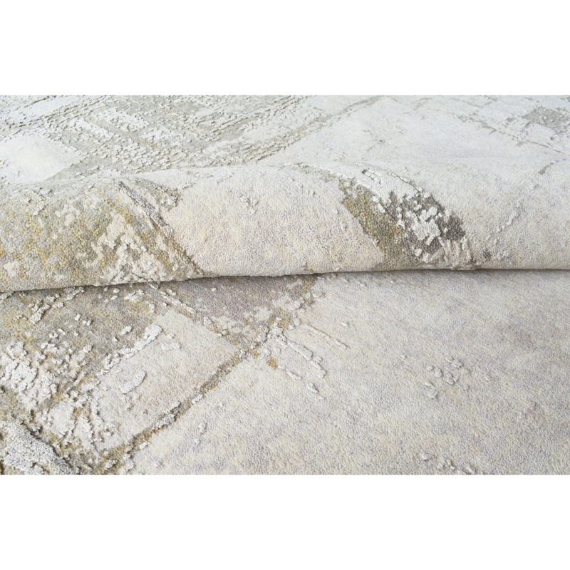 High-Quality Hand-Knotted Beige And Charcoal Area Rug, Rectangle 9' x 12'