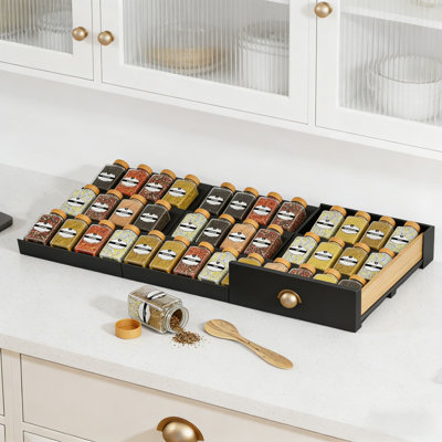Expandable Aluminum Spice Drawer Organizer Set, 9-Piece Adjustable Rack Tray For Kitchen Cabinet Drawer Or Countertop, Tiered Storage For Spice Jars And Small Bottles