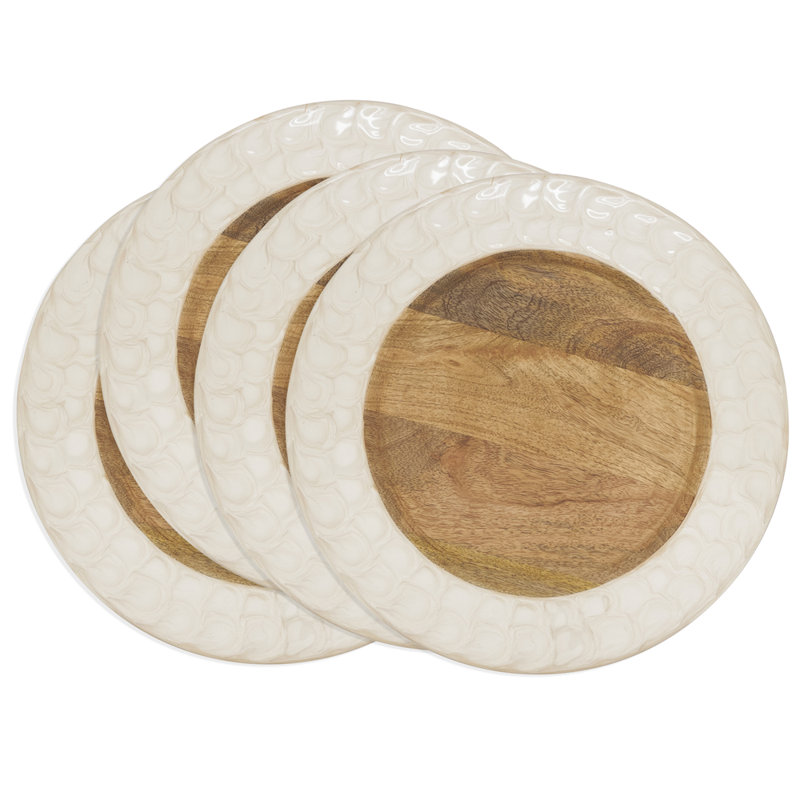 Ensemble de 4 assiettes décoratives ivoire à rebord émaillé grain de bois 13 po, ensemble de 4 
