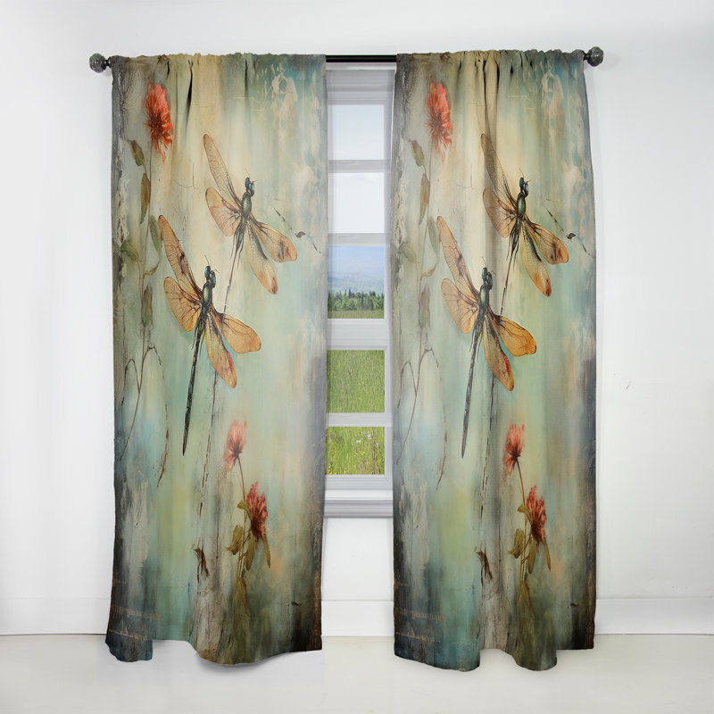 Peinture rétro de libellule volant - rideau en velours animaux - 1 panneau, L 52 po x L 95 po