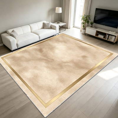 Tapis de salon texturé beige marbré à bordure dorée (1 pièce), doux, pliable, facile d'entretien, lavable à la machine, convient à la salle à manger, à la chambre à coucher, à la cuisine, à l'entrée, au bureau à domicile, au corridor, au patio et à la décoration intérieure.