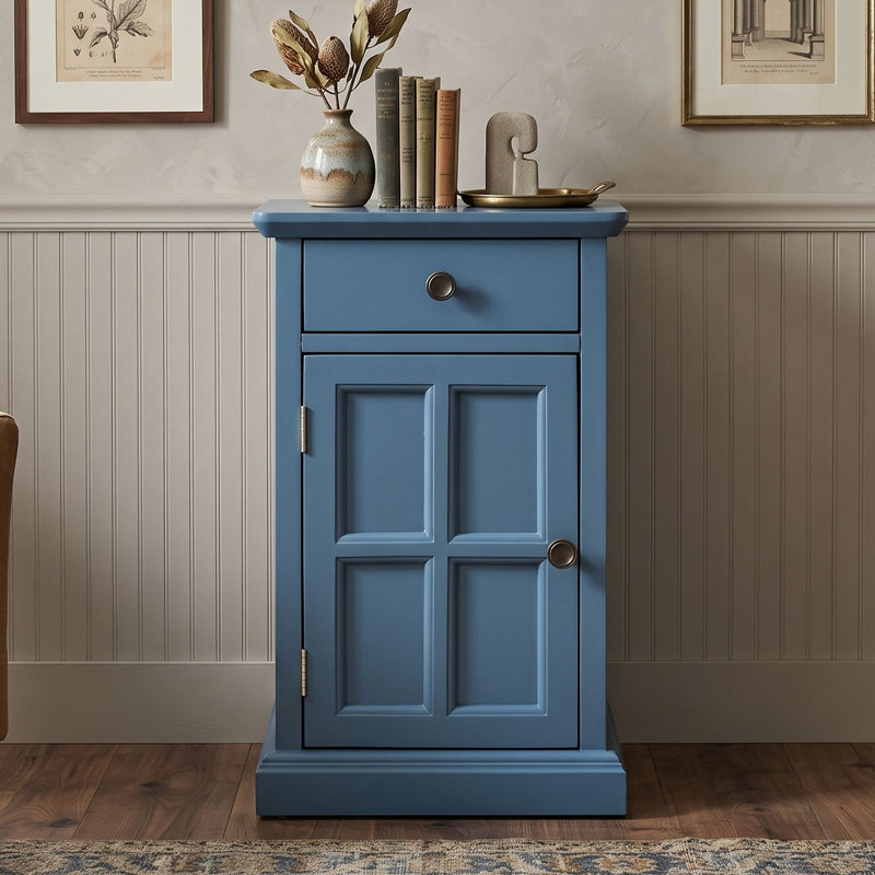 Table de bout en bois avec ports USB, tiroir et armoire, Bleu marine antique