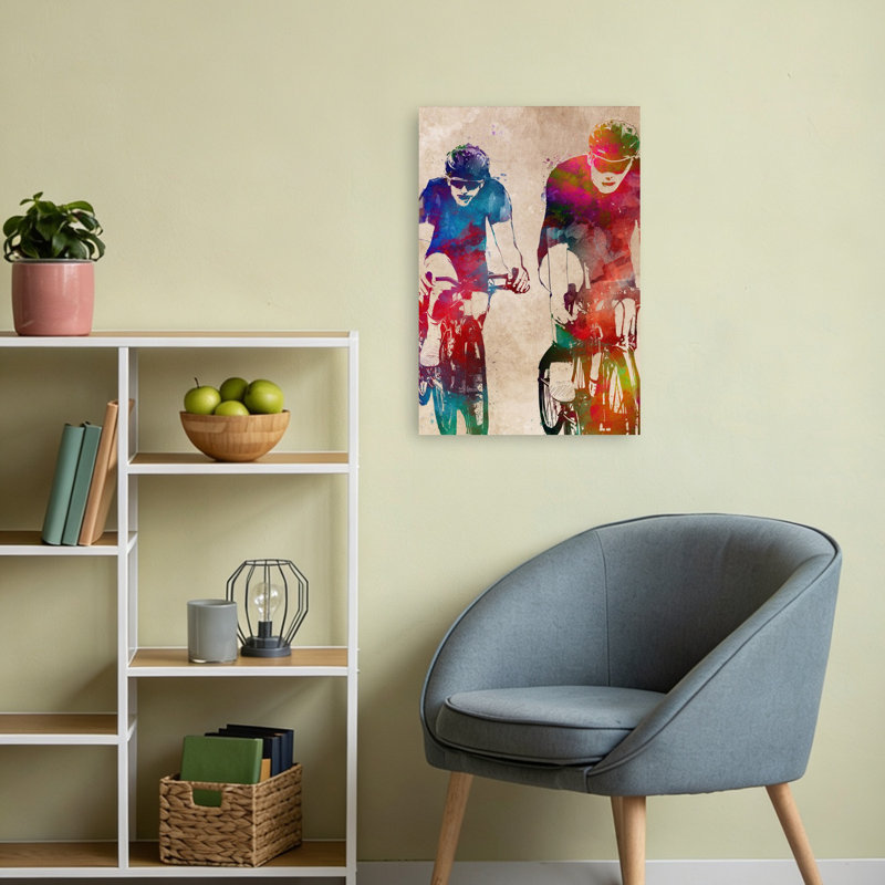 «Vibrant Cycling Duo», art mural contemporain, 24" H x 16" W