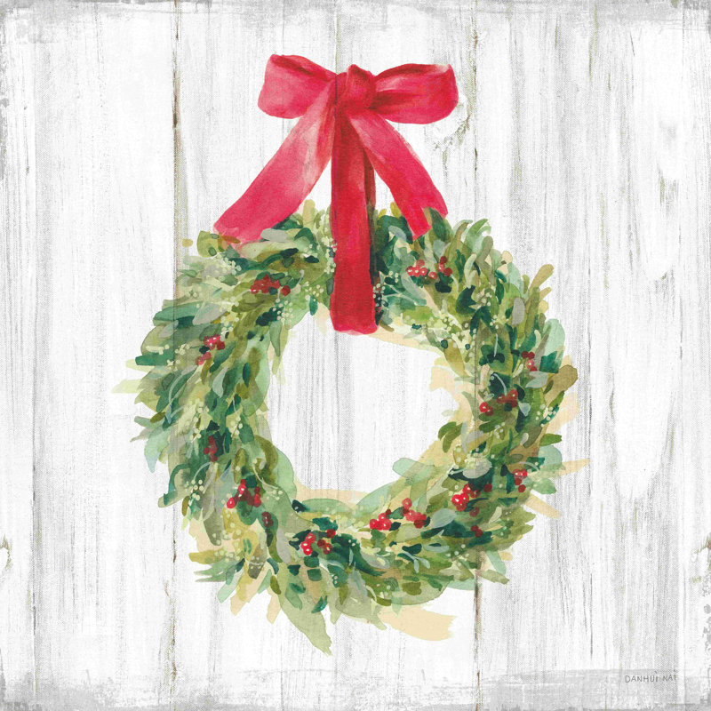 «Woodland Holidays Wreath No Bird White» par Danhui Nai - peinture sur toile tendue, H 36 po x l 36 po, Non