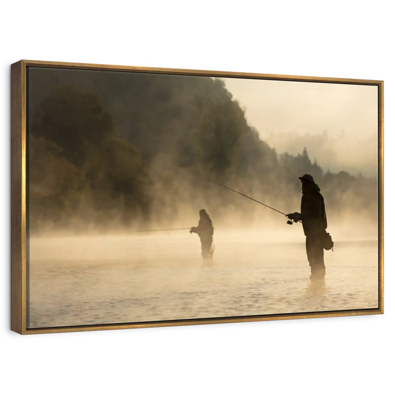 Pêche à la mouche dans la rivière Foggy, Cadre flottant doré, 40 po x 27 po