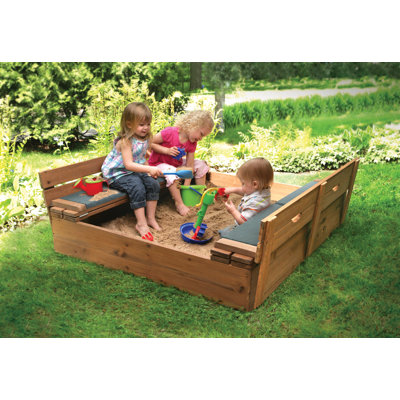 Deluxe 46.5" x 9.5" Solid Wood Sandbox with Cover and Seat Cushions