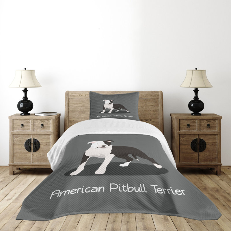Ambesonne Pitbull Bedspread Set American Cartoon Terrier Multicolor, Twin Bedspread + 1 Standard Sham