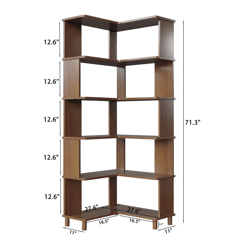 Afeef Corner Bookcase Corner Bookshelf Large Display Rack Storage Organizer, Brown