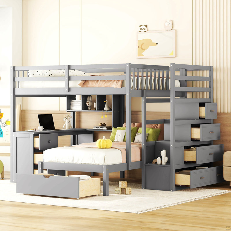 Lit superposé double au-dessus de simple avec bureau, tiroirs et tablettes, Gris