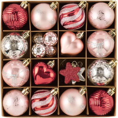  28Pcs Christmas Heart Shaped Ornaments Gift Pack, Valentines Craft Painted Tree Heart Decorations, Pink Red Silver Christmas Baubles Hanging Party Wedding Anniversary Decor