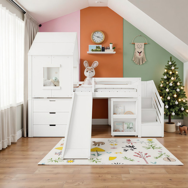 Lit mezzanine simple avec armoires de rangement coulissantes et bureau amovible, Blanc
