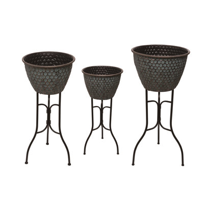 Ensemble de pots à fleurs en métal martelé 3 pièces avec treillis Transpac Spring