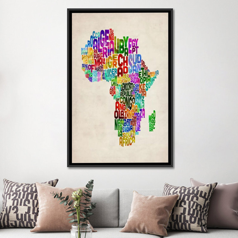 "Typographie carte d'Afrique II" par Michael Tompsett, impression sur toile, Toile avec cadre flottant noir, Pas de tapis