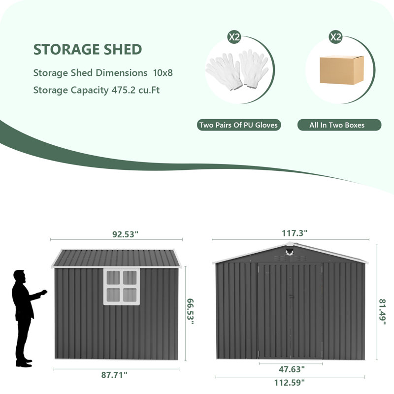 10X8ft Lockable Black Metal Shed With Built-In Window And Portable Tool Light - Spacious & Well-Lit Storage Solution