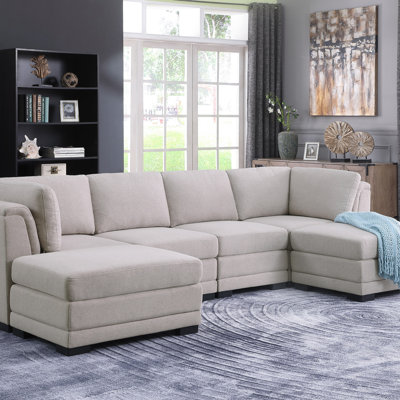 Canapé modulaire réversible en tissu de lin avec 2 repose-pieds