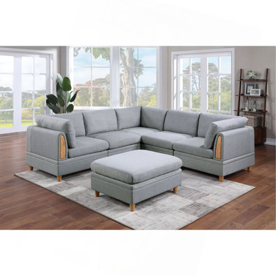Living Room Furniture 6Pc Modular Sofa Set Light Grey Dorris Fabric Couch 3X Corner Wedges 2X Armless Chair And 1X Ottoman